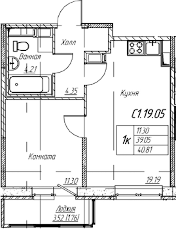1-комнатная квартира 40.81 м², 19/22 эт., ЖК «Парк-квартал Юнтолово»